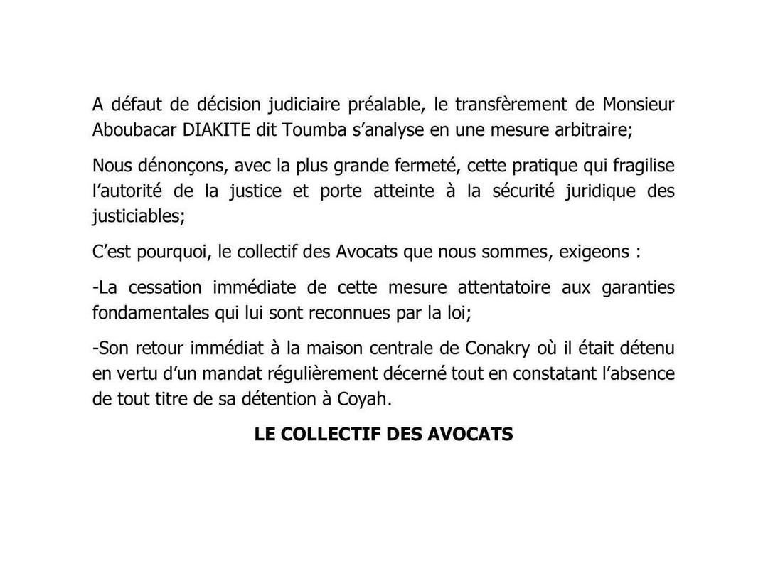 Communiqué des avocats de Toumba après son transfert à la prison de Coyah